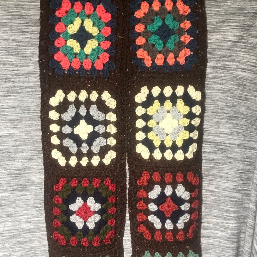 Handmade Crocheted Extra Long & Wide Granny Square Scarf Dark Brown flecked